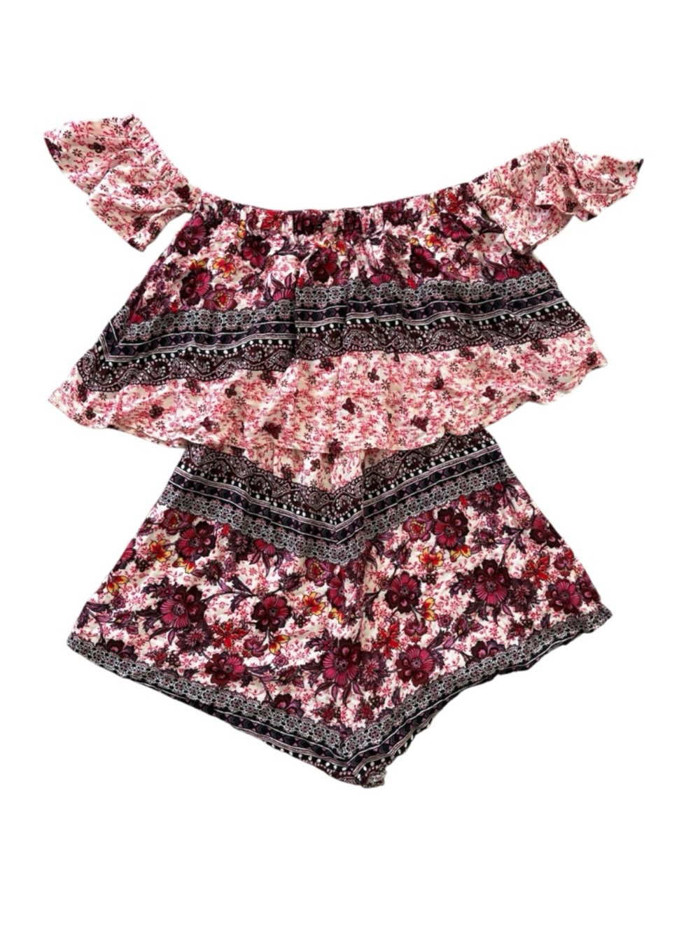 XS Seek The Label Pink Floral Bardot Sleeve Off the Shoulder Romper